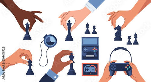 Hands playing board games and video games, moving chess pieces, and holding console controllers on a white background.