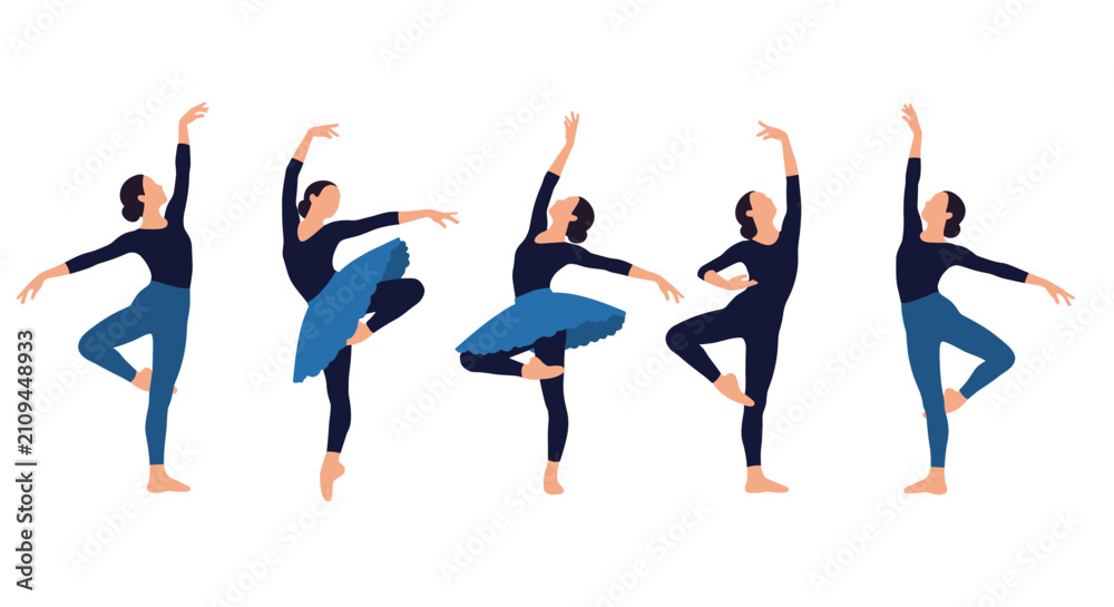 Fototapeta premium Beautiful young ballerinas performing various elegant dance poses wearing classic black leotards and blue tutus.