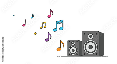 Audio speakers system playing loud music with colorful musical notes flying around on a clean white background.