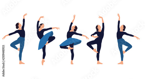 Beautiful young ballerinas performing various elegant dance poses wearing classic black leotards and blue tutus.