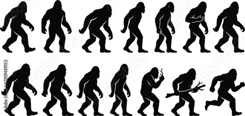 Quadro su tela Bigfoot walking silhouettes, Sasquatch running vector, mythical creature outline