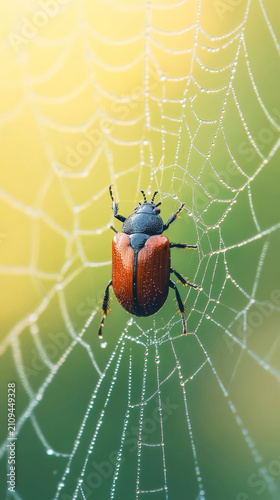 A beetle clinging to a delicate spiderweb covered in sparkling dew drops against a vibrant yellow-green nature background