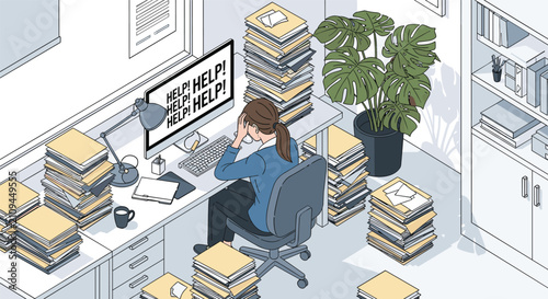 Overworked businesswoman sitting at her office desk overwhelmed by massive stacks of paper and stressful workload.