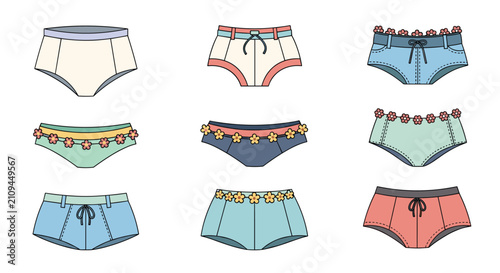 Collection of cute women shorts and panties decorated with small flowers, bows, and colorful retro patterns.