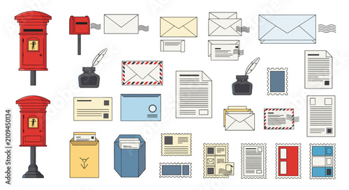 Detailed set of traditional mailing elements including vintage red postboxes, inkwells, letters, and postage stamps.