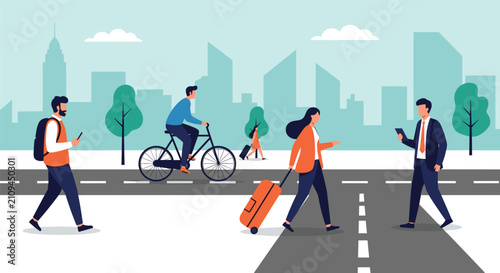 Active citizens walking, riding bicycle, and traveling with luggage on a city street with modern buildings on background.