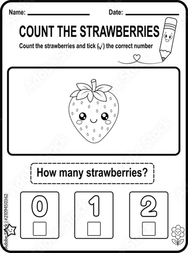 Cute preschool counting worksheet featuring kawaii strawberries. Printable black and white educational activity page designed for early math practice and number recognition.