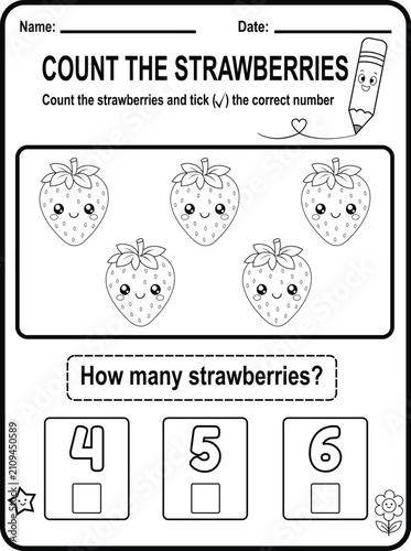 Cute preschool counting worksheet featuring kawaii strawberries. Printable black and white educational activity page designed for early math practice and number recognition.