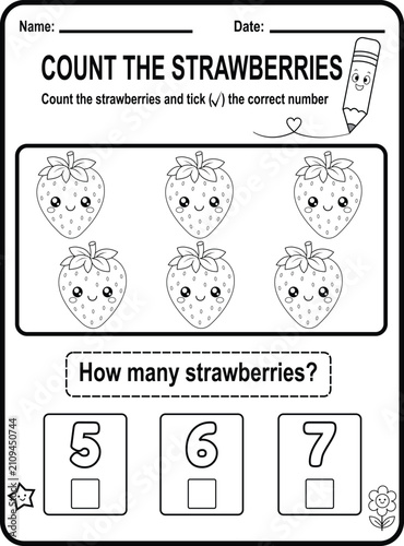Cute preschool counting worksheet featuring kawaii strawberries. Printable black and white educational activity page designed for early math practice and number recognition.