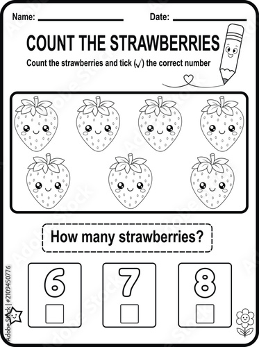 Cute preschool counting worksheet featuring kawaii strawberries. Printable black and white educational activity page designed for early math practice and number recognition.