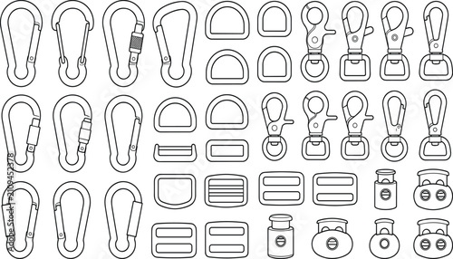 Bild auf Leinwand Carabiner clip and bag hardware line icon set vector illustration isolated on wh