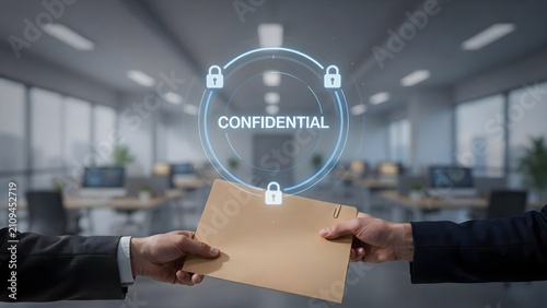 Business people exchanging a confidential document in a modern office, secure data transfer and privacy concept