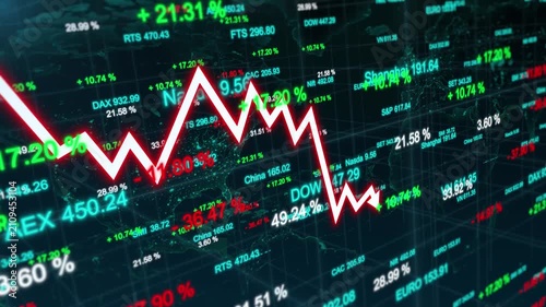 Financial crisis analysis and bearish economic downturn, arrow down trend and number value loss global stock market recession with falling investment performance