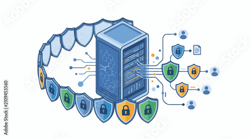 Digital server protected by shields connected to users and data