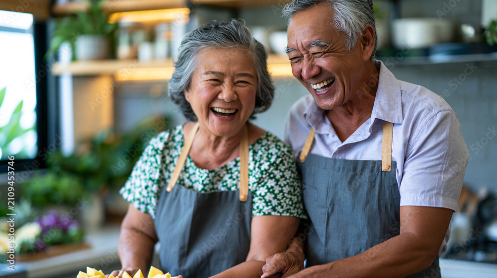 Naklejka premium Happy Asian senior couple preparing fruit together in the kitchen, laughter and healthy living , with copy space