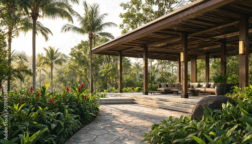 Secluded tropical resort patio area with lush green foliage and wooden architecture tropical architecture exterior greenery relaxation vacation serenity peaceful landscape wellness