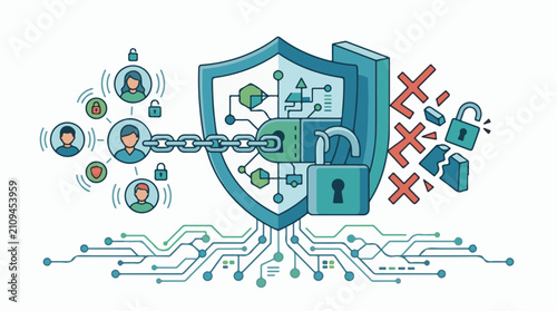 Digital shield with chain connecting user icons breaking locks