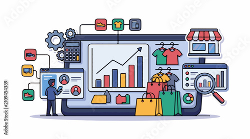 Digital shopping analytics with charts graphs and store icons