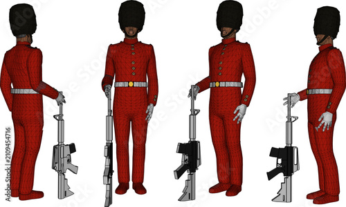 Photos Technical 3D rendering of a King's Guard soldier holding an assault rifle, displ