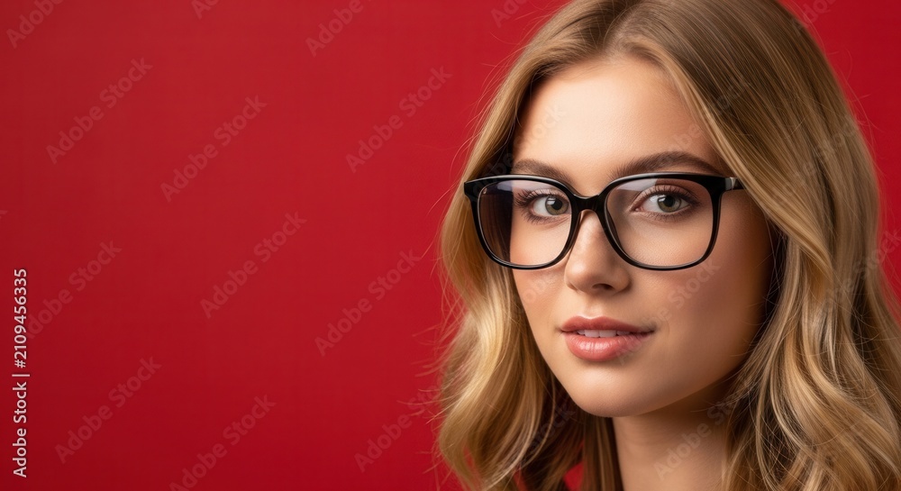 Fototapeta premium Young woman with glasses on red.
