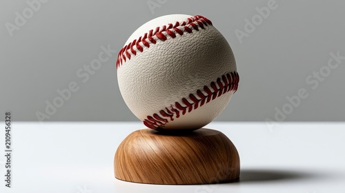 Baseball sphere resting on a wooden trophy stand in a minimalist studio environment with sharp macro focus for sports memorabilia branding