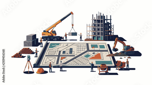 Diverse construction elements plan and workers collaborate on urban development