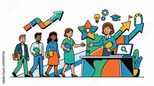 Diverse group collaborates showing growth innovation and success