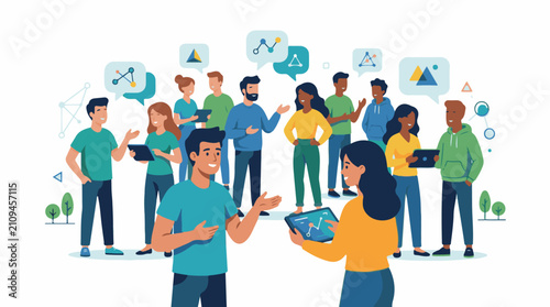 Diverse group collaborates using digital tablets and visual data