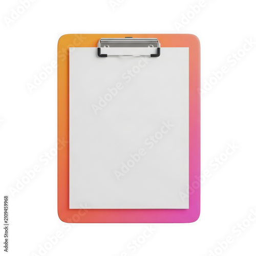 A colorful clipboard with a blank white paper sheet for notes isolated on a clear background
