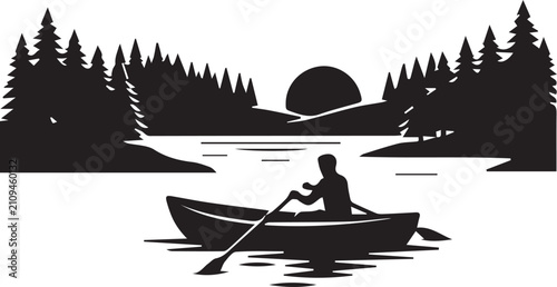 Fotografie Man boating on lake with forest landscape silhouette