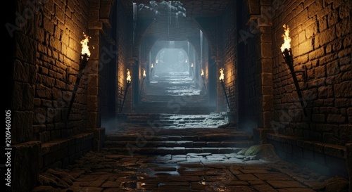Mysterious Dungeon Passage Illuminated by Torches.