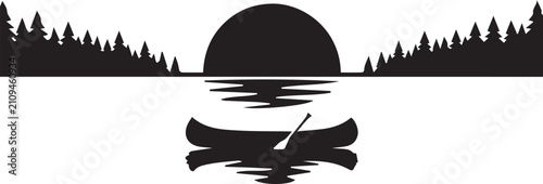 Canoeing on lake sunset pine forest vector icon silhouette