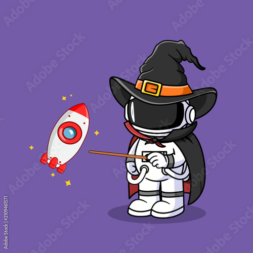 Tableau sur toile Cute Astronaut Wizard with Magic Wand and Rocket Flying Vector Illustration Cart