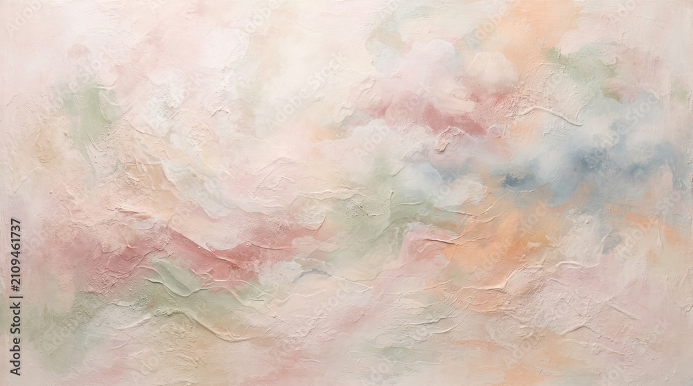 Fototapeta premium Delicate and textured abstract acrylic painting on canvas with pastel blush and gold accents. Modern interior mural background in serene pastel palette for calming atmosphere