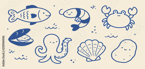 Obraz na płótnie Seafood stew doodle ingredients set vector