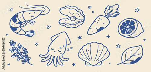 Fotografie Seafood stew doodle ingredients set vector