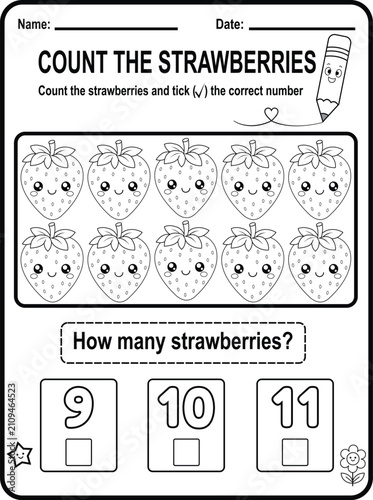 Simple counting activity for kindergarten and preschool learners. Printable worksheet with adorable fruit illustrations for classroom and homeschool use.