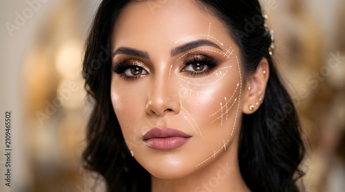 Cosmetic surgery planning with facial analysis lines on a woman's face