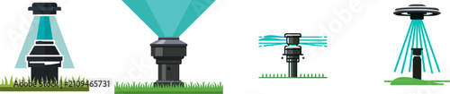 A sleek lawn sprinkler icon in minimalist design, featuring a flat 2D vector illustration with cyan spray, green grass, and black body, isolated on white