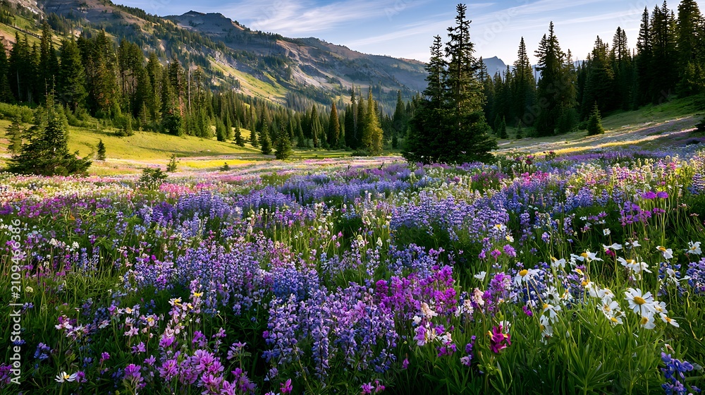Obraz premium Stunning Alpine Meadow Filled With Vibrant Purple Lupine Wildflowers in Summer.