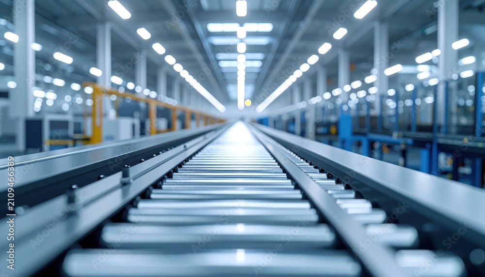 Fototapeta premium Empty Industrial Conveyor Belt Extending Through Modern Automated Factory