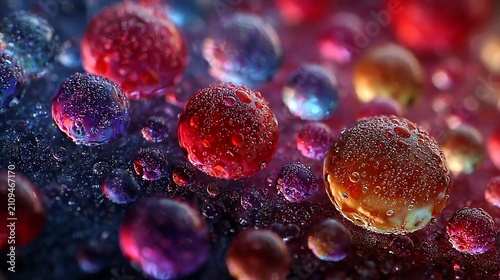 Macro shot of colorful dew droplets clinging to a textured surface with vivid, blurred background