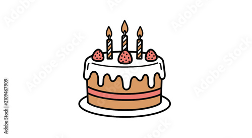 Birthday cake with lit candles and fresh strawberries
