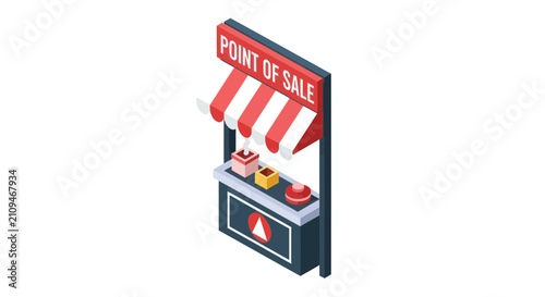 Isometric point of sale retail kiosk with striped awning