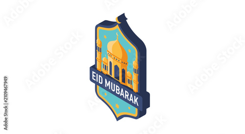 Isometric eid mubarak greeting with golden mosque silhouette