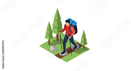 Hiker with backpack trekking through a pine forest