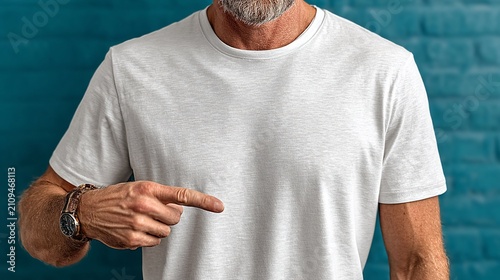Man points to blank, white t-shirt against a turquoise brick wall.  Visible wrist with watch and beard