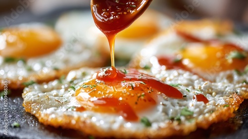 A close up top-down shot of hot sauce being drizzled over fried eggs with glossy motion detail and soft reflections