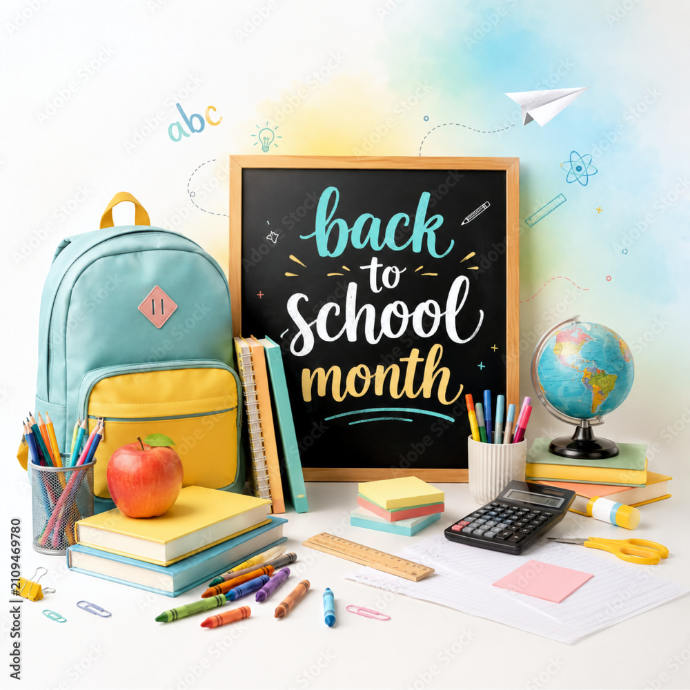 Fototapeta Back to School Month concept with blackboard, backpack, books, stationery, and globe