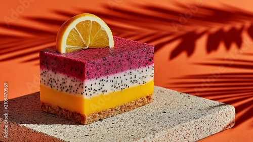 Multilayered dessert with orange slice, on stone, under leaf shadows, against orange backdrop